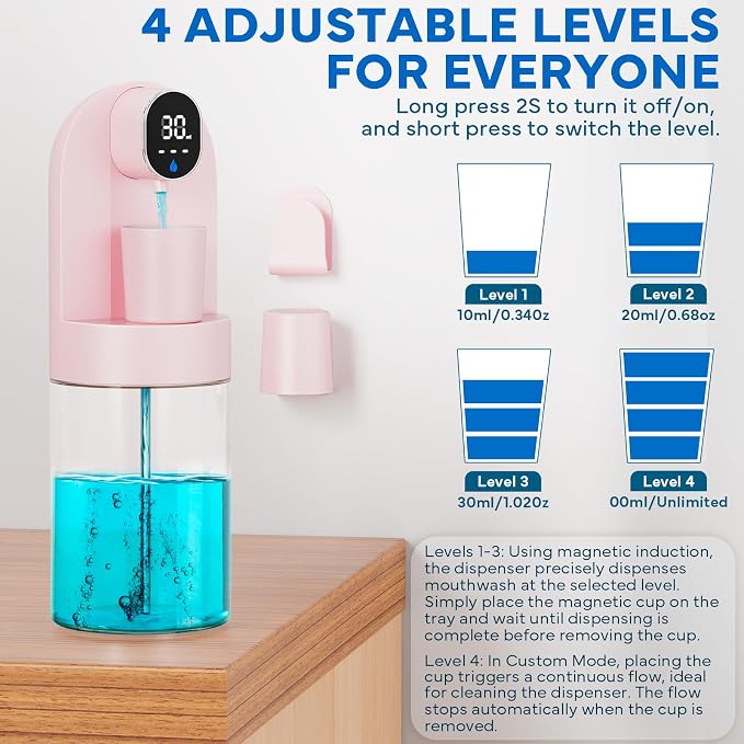 Automatic Mouthwash Dispenser for Bathroom, 21.12 oz Touchless Smart Mouth Wash Dispensers Bathroom Accessories Set with 4 Magnetic Cups, 4 Modes Wall Mounted Mouth Wash Dispenser for Home & Kids