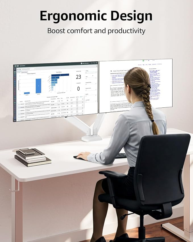 MOUNTUP Dual Monitor Stand for Desk, Monitor Arms for 2 Monitors Max 32 Inches, Height Adjustable Double Monitor Mount, VESA Mount with C-Clamp & Grommet Base, Holds 4.4-17.6lbs, White