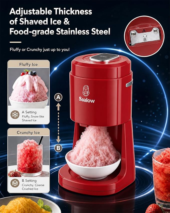 Electric Shaved Ice Machine, Professional Snow Cone Maker with Adjustable Thickness Settings, High-Efficiency 135W Motor, Portable Ice Crusher for Fluffy Ice & Slushies, Includes 2 Ice Molds