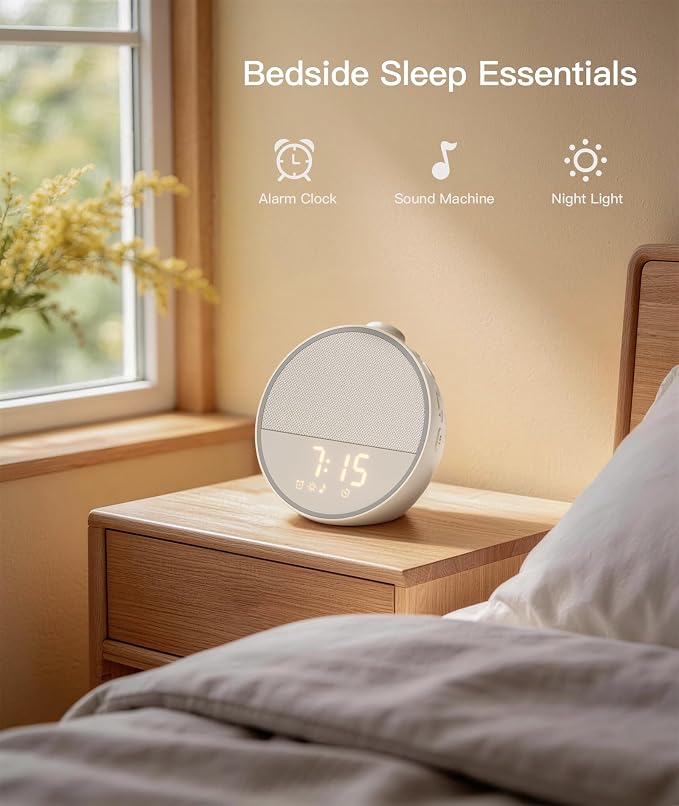 Sound Machine - Alarm Clock White Noise Sound Machine for Sleep, Night Light, 30 Soothing Sounds, 10 Gentle Alarms, Sleep Timer, Screen-Free Sleep Routine for Adults, Travel, Nightstand, Office