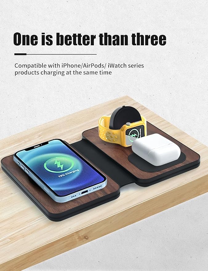 3-in-1 Charging Station for Apple Devices, Fast Mag Safe Wireless Charger, Foldable Travel Charger for Cell Phone 16-12 Series, AirPods, and iWatch Series (wulnut Wood)