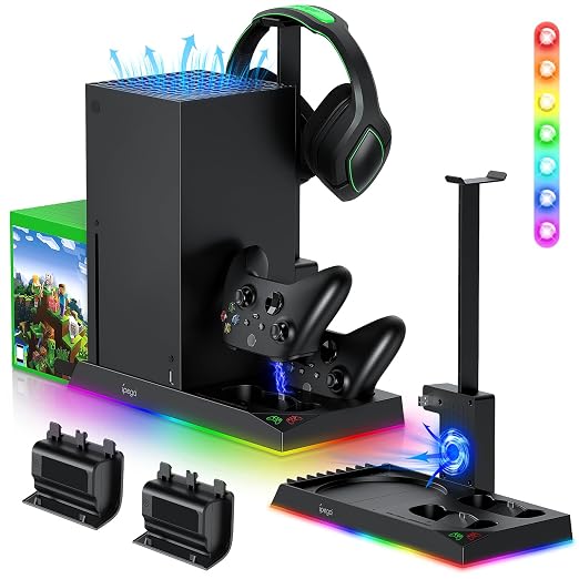 RGB Charging Stand with Cooling Fan for Xbox Series X Console &Controller,Dual Charger Station Cooler System Accessories with 15 RGB Light,2x1400mAh Rechargeable Battery,Headphone stand,Game Disc Slot