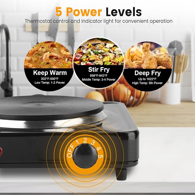 Electric Burner, Electric Hot Plate for Cooking Portable Cooking Stove, Countertop Burner Cooktop for Kitchen, Dorm, Temperature Control, Easy to Clean, Black