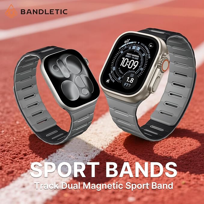 Bandletic Double Magnetic Compatible with Apple Watch Series 11 Band 46mm Men, Rugged Silicone Sport Watchband for iWatch 49mm(Ultra3/Ultra2),45mm(9/8/7), 44mm(SE3/SE2/SE/6/5/4),42mm(3/2/1),Black Gray