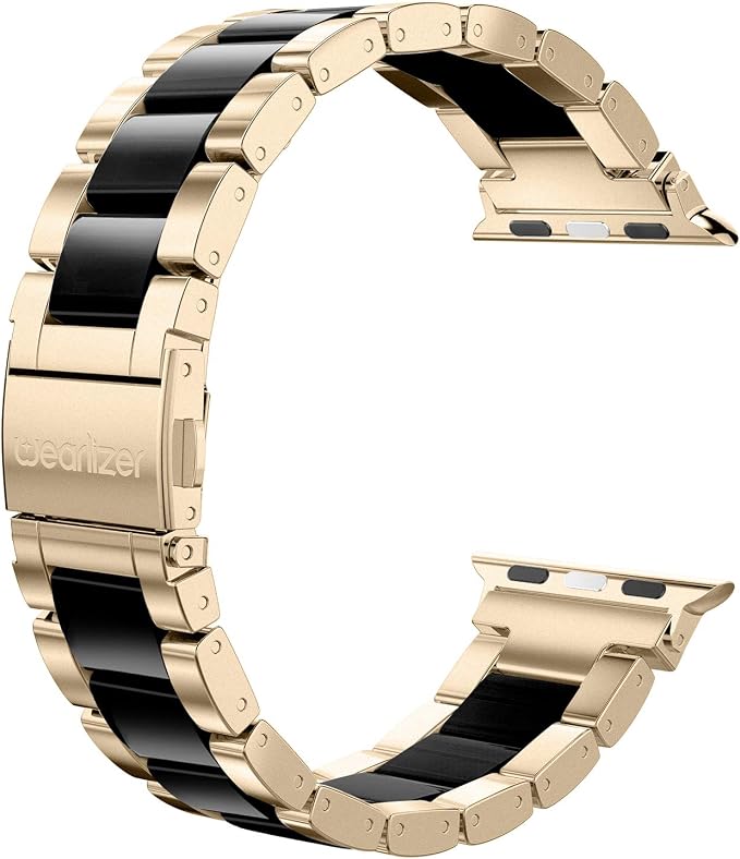 Wearlizer Compatible with Apple Watch Band 38/40/41/42mm Womens, Stainless Steel Wristbands Scrub Gold Resin Replacement Classic Bracelet Clasp iWatch Series 11 10 9 8 7 6 5 4 3 SE/Ultra 3 2 1/Sport