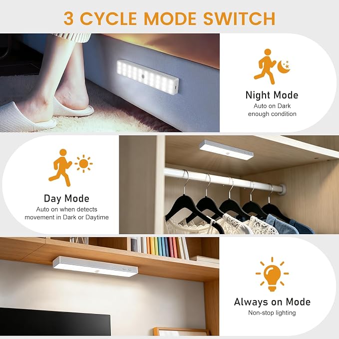 Racokky Under Cabinet Lights, 2 Pack Rechargeable Motion Sensor Closet Lighting, Dimmable RV Step Lights Stick-Anywhere LED Night Bar for Kitchen, Wardrobe, Stairs