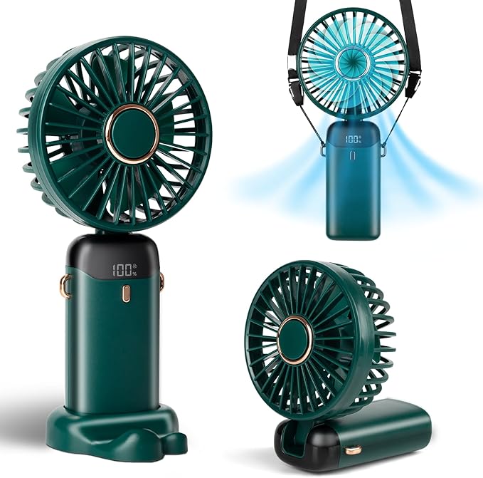 Portable Handheld Fan, 12 hours, Upgrade 3200mAh Mini Fan Handheld with LED Display, 90° Foldable, 5 Speed Wind,Hand Held/Neck/Desk 3 in 1 Hand Held Fans, Makeup Fans for Women (Green)