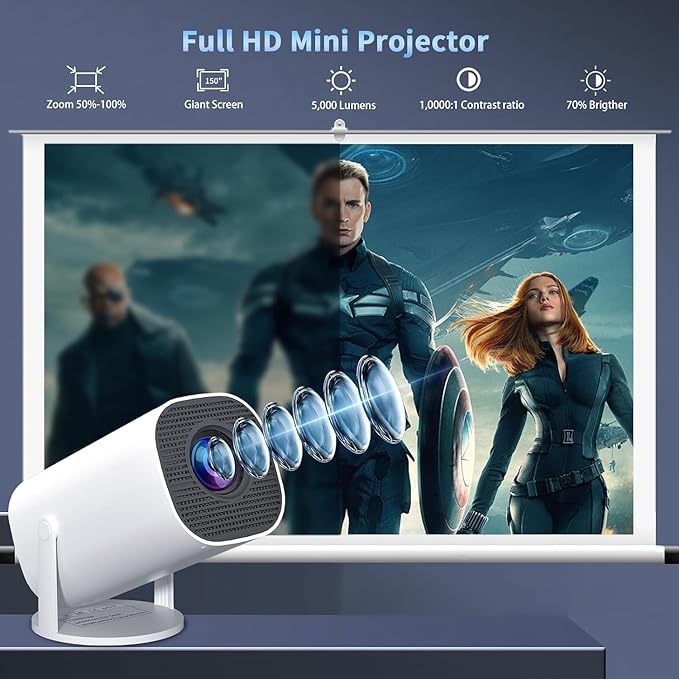 Mini Projector with WiFi and Bluetooth, Portable Outdoor Movie Projector Supports 4K/8K with Android System, Smart Proyector for Home Theater, Business Presentation, Gmaing