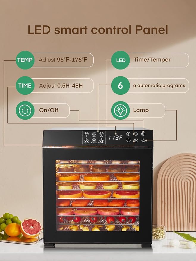 FOHERE Food Dehydrator for Jerky 1000W, 10 Trays With Large 9.04ft² Drying Space,176°F Temperature Control, Digital Adjustable Timer, Light, Dryer Machine for Dog Treats,Herbs, Meat, Fruit, and Yogurt
