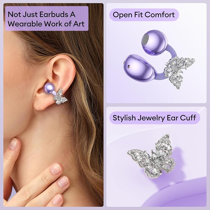 PAXA Stylish Open Ear Clip On Earbuds with Removable Butterfly Earring, Clip On Headphones with LCD Touch Screen, Fashionables Open Ear Headphones for Women, Butterfly Earring Purple Earbuds