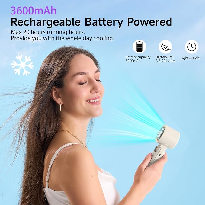 Handheld Portable fan with Turbo Cooling Ice Cooler- Hand Held Fan Rechargeable,100 Speed, 20H Battery Life 3600mAh, Powerful Mini Personal Fan for Travel, Outdoor, Beach, Makeup, Summer Use
