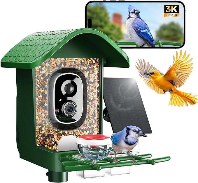 3K HD Smart Bird Feeder with Camera, 2.4GHz WiFi Solar Powered Smart Feeder, AI Bird Species Identification & Real-Time App Alerts, Chew-Proof & Waterproof for Outdoors（Green）-1