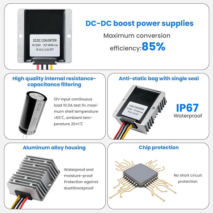 240W DC-DC Boost Converter, 12V/24V to 48V 5A Boost Transformer - Waterproof IP67,Suitable for Golf Carts, Solar Panels, Electric Scooters, Overload/Short Circuit Protection