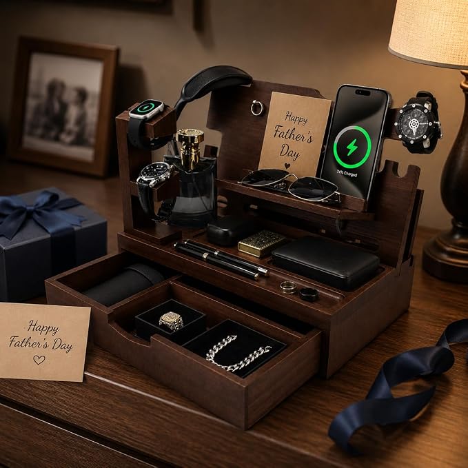 Nightstand Organizer for Men with Large Drawer, Wood Phone Docking Station for Phone, Apple Watch, Wallet & Keys, Ideal Birthday Gift for Father Husband, Bedside Desk Organizer (Espresso)