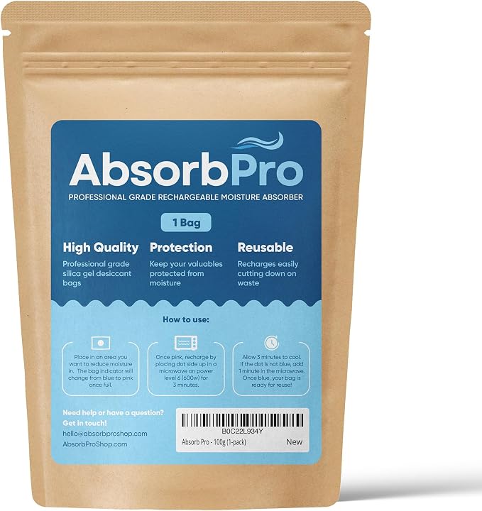 Absorb Pro Rechargeable Dehumidifier Bag 1-Pack - 100g Reusable Moisture Absorbers - Silica Gel Packets for Bins, Totes, Gun Safe, Food Storage, Clothes, Cars, and Boats