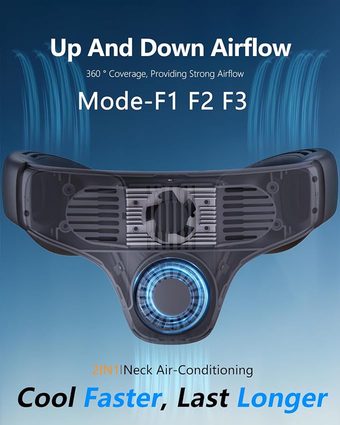 Neck Fan 5200mAh Portable Neck Air Conditioner with Cooling Plate | Features 6 adjustable levels and 360° airflow. Fast cooling rechargeable wearable personal fan for men and women.