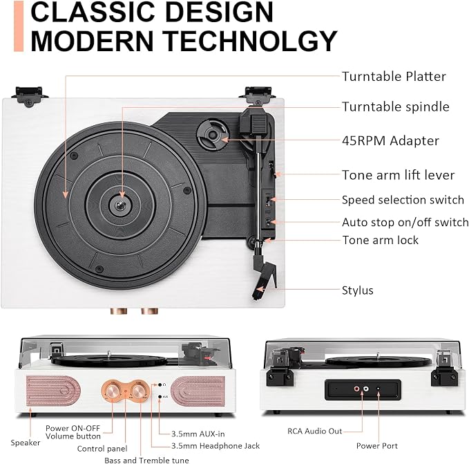 Vinyl Record Player with Built-in Speakers 3-Speed Vintage Record Player Support Treble& Bass Control, 3.5mm Headphone Jack, RCA-Out/Aux in, Belt-Driven LP Turntable,White Rose Gold