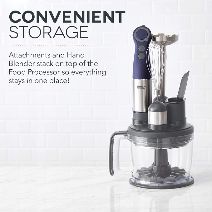 Dash Chef Series Deluxe Immersion Hand Blender Set, 5 Speed, 330W with Food Processor, Whisk, Masher and Dough Hook Attachments, Stainless Steel Blades for Soups, Sauces, Smoothies & Purées - Midnight
