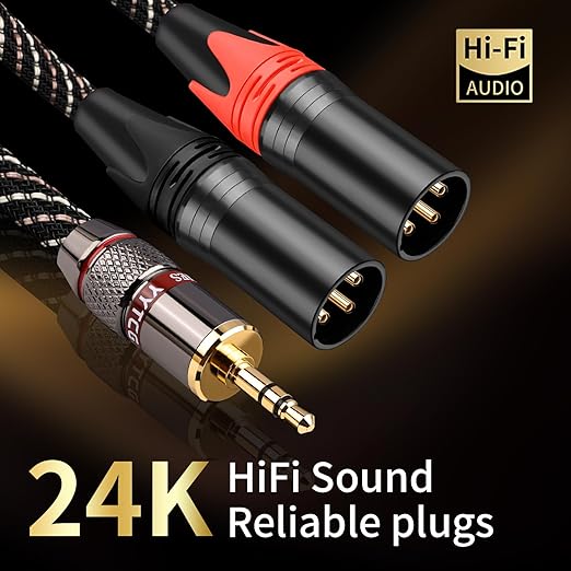 Audiophile 3.5mm to Dual XLR Male Y Splitter Cable,15 AWG 4N OFC Core,24K Gold-Plated Plugs with Nylon Braid for Studio Recording,Home Theater,Speakers,Hi-Fi Audio System(9.84ft/3m)