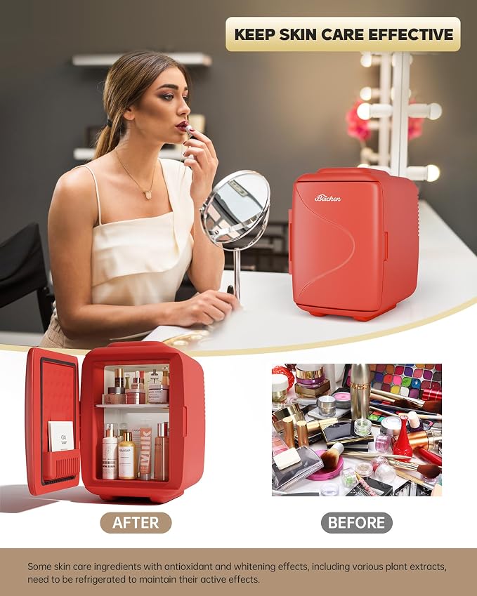 BEICHEN Mini Fridge [Upgrade], Small Fridge Rapid Cooling 4 Liter/6 Cans Skincare Fridge, Cooler and Warmer Refrigerators for Bedroom, Cosmetics, Office and Car (Red)