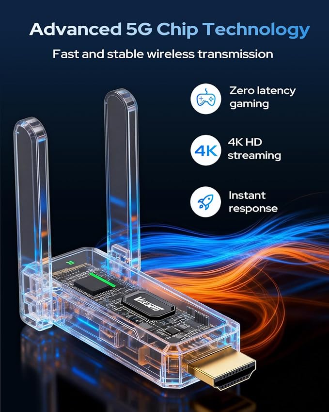 2026 Wireless Transmitter and Receiver, 492FT Long Range Extender, Low Latency & Stable Connection, Streams Video Wirelessly from Netflix, Laptop, TV Box, Camera to Multiple Screens & TVs