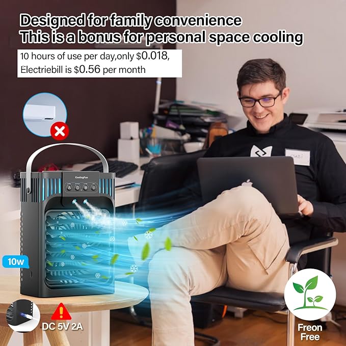 Portable air conditions with remote control, silent with 3 speeds, cooling fan of 1200 ml Personal Air Cooler Fan with 3 Mist, 7 Night Light, 8H Timer, Small Air Conditioner for Bedroom Office