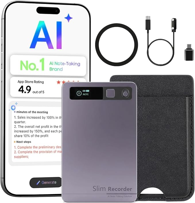 AI Voice Recorder, Transcribe & Summarize with AI Technology, App Control, 64GB Voice Recorder for Meetings & Calls, Supports 152 Languages, Ultra-Slim Recorder, Case Included, Gray