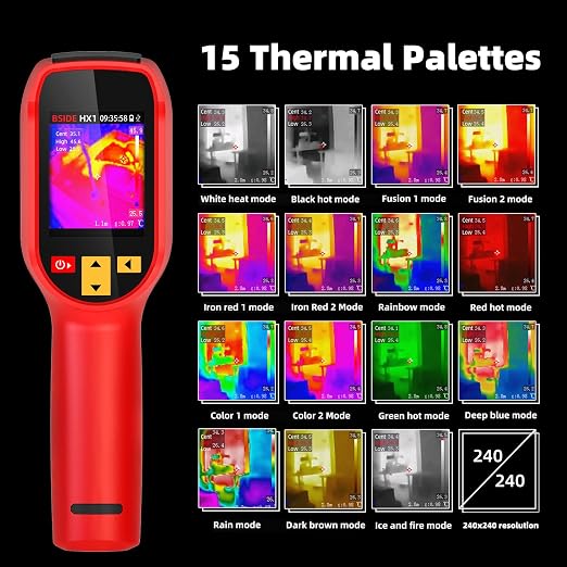 BSIDE Thermal Imaging Camera 240 x 240 Resolution Handheld Infrared Camera, 15 Thermal Palettes with 320 x 240 Full-Viewing TFT LCD for Home Inspection HVAC Electrical, 25Hz Refresh Rate, -4℉~1022℉