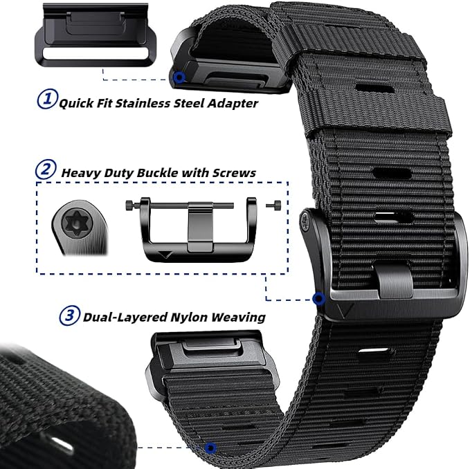 26mm Adjustable Nylon Watch Band for Garmin Fenix 7x Fenix 8 51mm Epix Pro 51mm Strap, Quick-Fit 26mm for Fenix 5x plus & Tactix 7 pro Bands, for Instinct 2X Watch Band Replacement (Black+Khaki+Green (Black Buckle), 26mm)