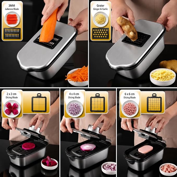 Vegetable Chopper, Stainless Steel Food Dicer Cutter and Mandoline Slicer with Drain Holes and Storage Container, Dishwasher Safe Food Chopper for Onion, Potato, Cucumber, Carrot and More