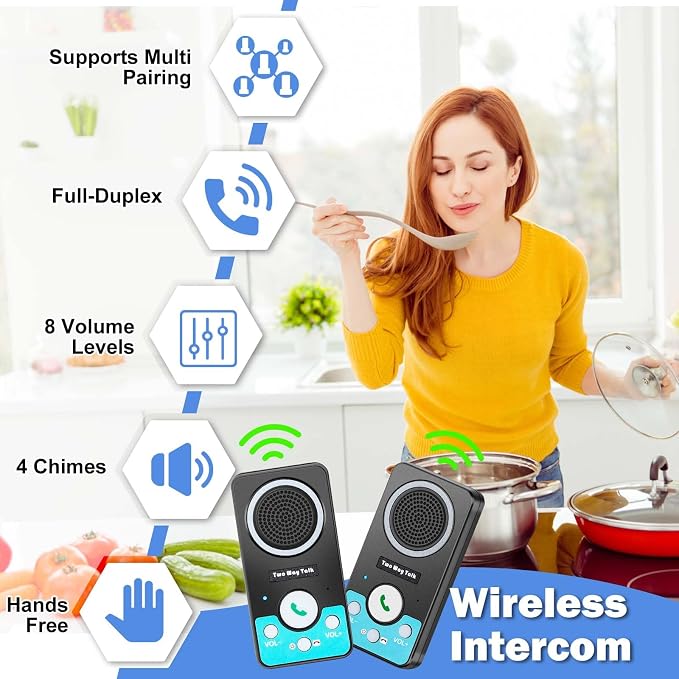 Intercoms Wireless for Home, Full Duplex Long Range Wireless Intercom, 8 Volume Levels, 4 Chime Intercoms, 2 Way Intercom for Home, Business(2 Packs Black)