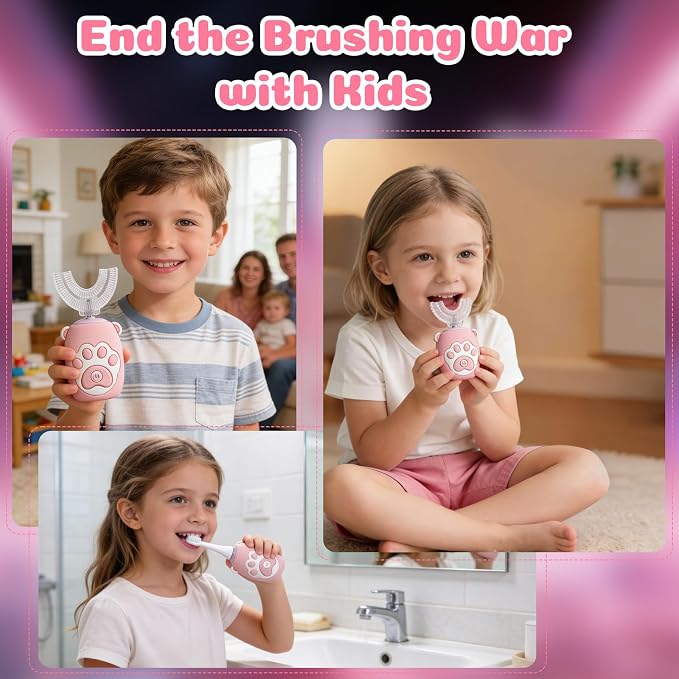 Kids U Shaped Electric Toothbrush for Age 2-12, Rechargeable Toddler Toothbrush with Smart Timer & 3 Clean Modes, Cat's Claw Design, IPX7 Waterproof, 3 Brush Heads & 360°Cleaning