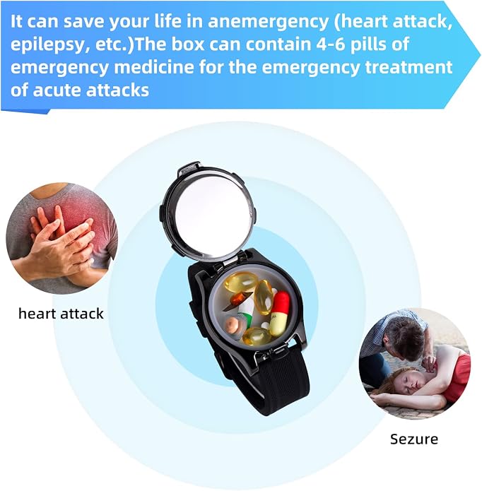 Watch with Pill Box, Fashion Business Digital Watches for Men, Water Resistant Pill Box for Emergency, EDC Box for Emergency, Small Pill Case for Vitamin, Fish Oil