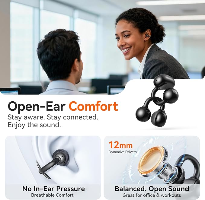 Kinglucky 2-in-1 Wireless Earbuds, in-Ear & Open Ear Clip-On Earbuds Comfortable fit, Bluetooth Headphones 5.4 with Noise Cancelling Mic, Power Swap Charging, Up to 50H, Black