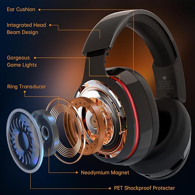 Gtheos 2.4GHz Wireless Gaming Headset for PS5, PS4 Fortnite & Call of Duty/FPS Gamers, PC, Nintendo Switch, Bluetooth 5.3 Gaming Headphones with Mic, Stereo Sound, Red Light -BlackRed