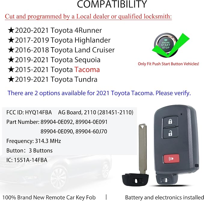 MechanMagic Smart Key Fob Remote Replacement Fit for Toyota Tacoma 2015-2021 / Tundra 2019-2021 / 4Runner 2019-2021 HYQ14FBA Keyless Entry Remote Control AG Board 281451-2110