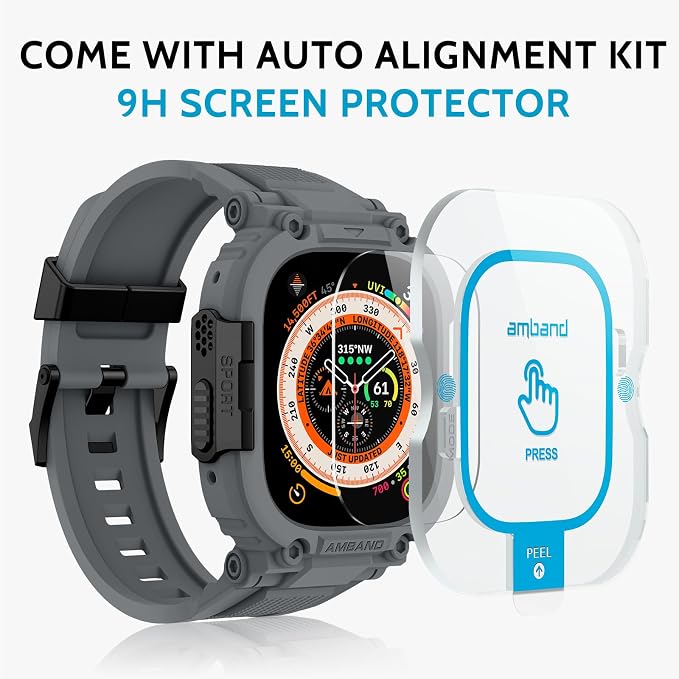 amBand Bands Case Screen Protector Compatible with Apple Watch Ultra 3/2/1 49mm, M1 Sport Series Rugged Cover Strap and 9H Tempered Glass Film, Protective Bumper for iWatch 49 mm Men Gray