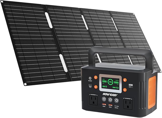 HOWEASY Portable Power Station with Foldable 60W Solar Panel,260W Solar Generator with PD 65W,110V Pure Sine Wave AC Outlet for Outdoor Camping Trip Home Backup Emergency