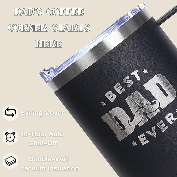Birthday Gifts for Dad, 12oz Funny Heated Coffee Mug for Dad with BEST DAD EVER, Electric Coffee Cup with Warmer Set, Ideal Valentines Father Day Gifts from Wife Daughter Son (Black -12oz)