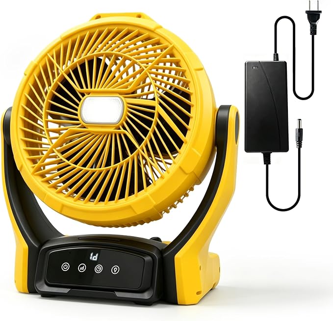 Battery Operated Camp Fan Compatible with Dewalt 20V Max Battery, Cordless 6 Speeds Wind Camping Rechargeable Fan with LED Lantern/AC Adapter for Outdoor, Beach, Patio, Tent(Battery No Included)