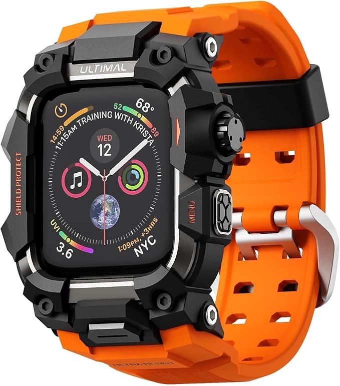 ULTIMAL Rugged Case with Band for Apple Watch Band 45mm,Compatible with Apple Watch Series 9/8/7 45mm,Military Grade Shockproof Bumper Cover for iWatch Tactical Band Men (Orange, 45mm)