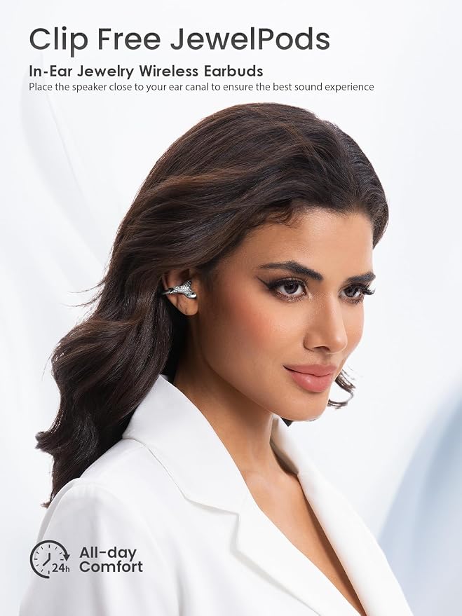 JewelPods C3 Wireless Bluetooth Earbuds, Jeweled Open-Ear Headphones, SLV | Ultra-Light Memory Wire Clip-On Earrings for All-Day Comfort, 60H Playtime, Sweat & Water Resistant, Premium Sound