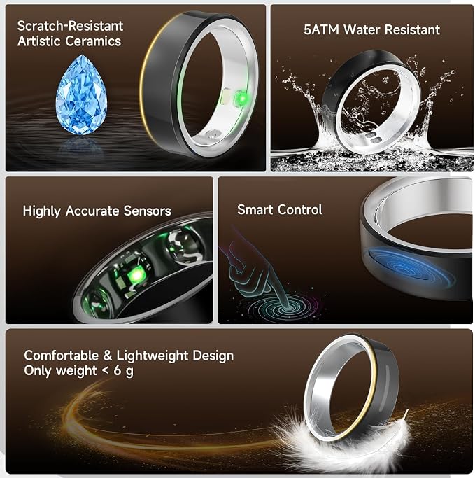 Smart Ring for Women & Men, Fitness & Activity Tracker, Sleep Monitoring, 7-Day Battery Life, 5ATM Waterproof, No Subscription Fee, iOS & Android Compatible (Black, 9)
