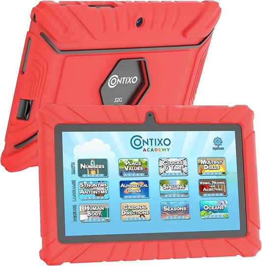 Contixo V8 7" Kids Tablet - 32GB Storage, Pre-Loaded Exclusive Ad-Free Content, Android, Parental Controls, Durable Kid-Proof Case, IPS Touch Screen, Dual Camera, WiFi, Ages 3-12, Gift - Red