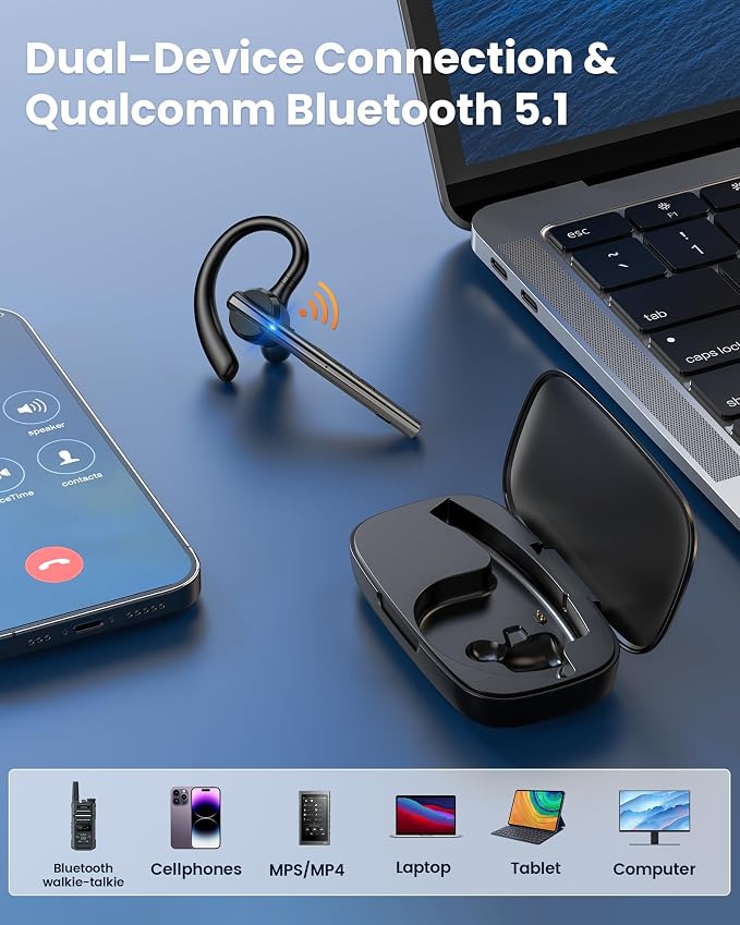 New Bee Bluetooth Headset V5.1 72H Talk Time Dual Mic with Mute Button for Business, Wireless Hand-Free Bluetooth Earpiece with 500mAh Charging Case for Cell Phone Calls Trucker Driver Laptop