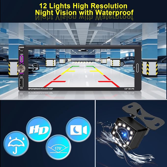 6.9" Single DIN Car Radio with Wireless Apple CarPlay, Car Bluetooth 5.2, AM FM Radio, IPS Touchscreen 1280x480, Backup Camera, Type-C Fast Charging, USB, 180W Subwoofer, Android Auto, GPS Navigation