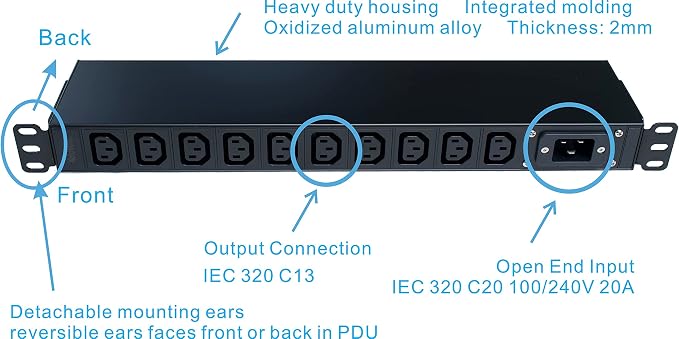 WTH-CS/PDU-C13-E (US121052E) Heavy Duty Metal 1U Rack Mount PDU, Inlet C20 20A 120/240V Open end (Without Extension Cord), Outlet C13 x10 Ports