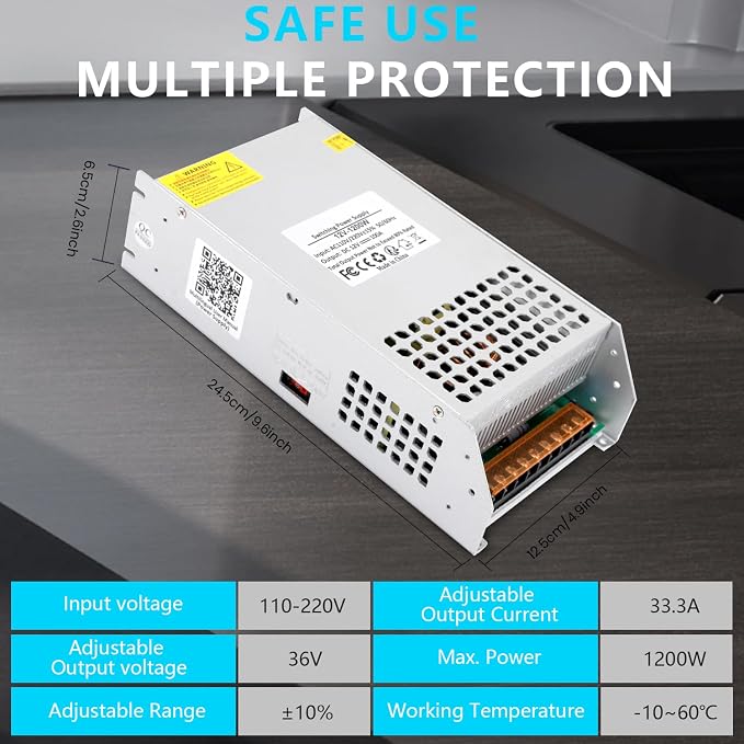 DC 36V 33.3A 1200W Power Supply, 110V AC to DC 36V Converter 1200w Switch Power Supply Transformer for Winch, Car Jack, LCD Monitor, CCTV, Car Stereo and More