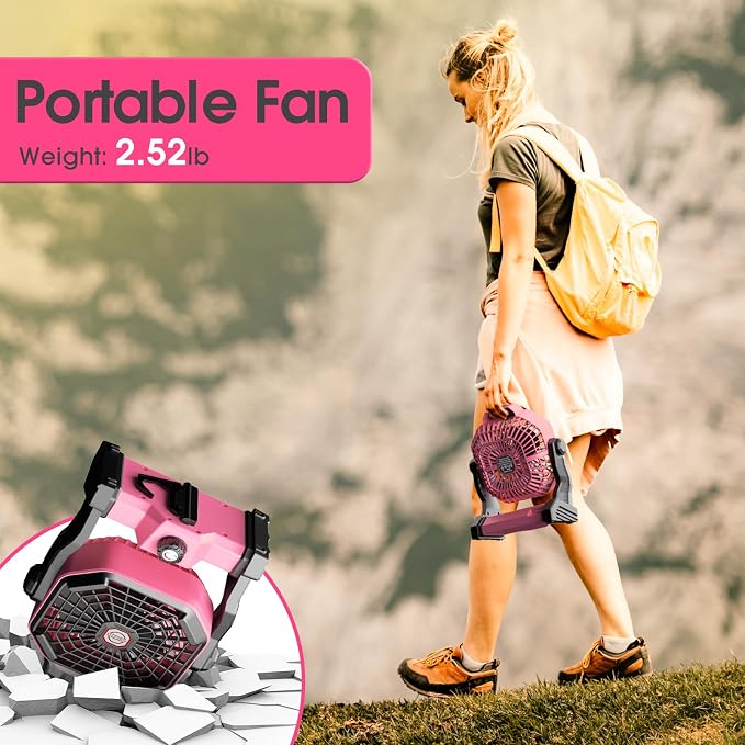 JINLICTE Portable Camping Fan, Rechargeable Battery Powered Tent Fans for Camp Hanging, [13-60Hrs Runtime], 9 Inch, Stepless Speed, Powerful&Quiet, for Picnic, Barbecue, Fishing, Travel, Home, Tent