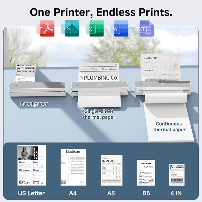 HPRT Inkless Portable Printer Wireless for Travel,Thermal Printer Supports 8.5" x 11" US Letter&A4&A5,Compatible with iOS,Android, Laptop, MT610,203 DPI,White